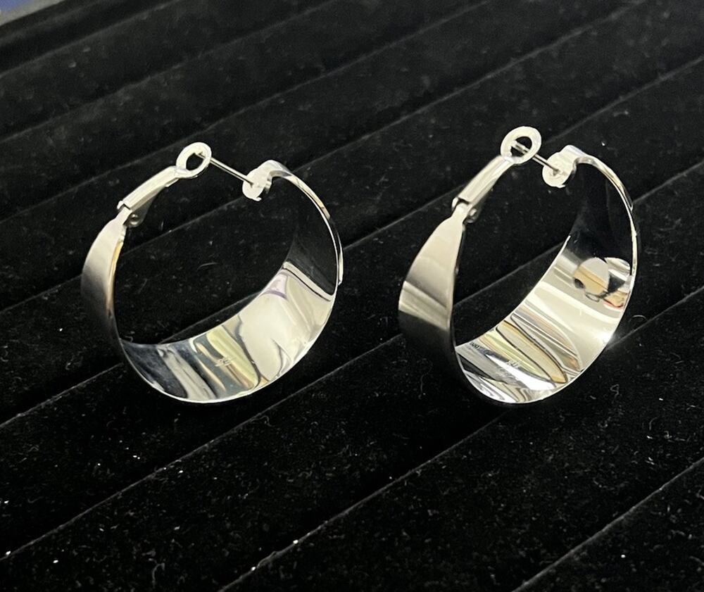 9SQ Stainless Steel Wide Flat Hoop Earrings 1.75” Silver Tone Hinged